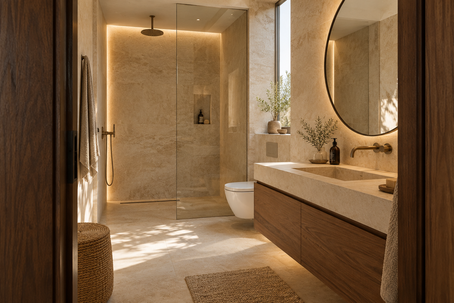 Concepto de baño de piedra y madera que ilustra el resultado visual buscado
